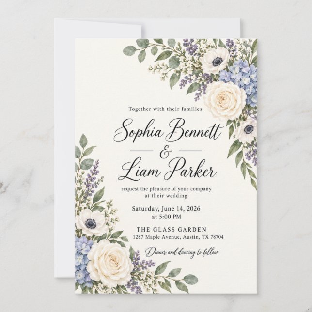 Blue Hydrangea Ivory Rose Wedding Invitation (Front)