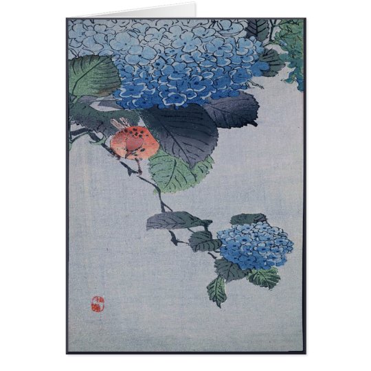 Blue Hydrangea Japanese Woodcut with Verse Card