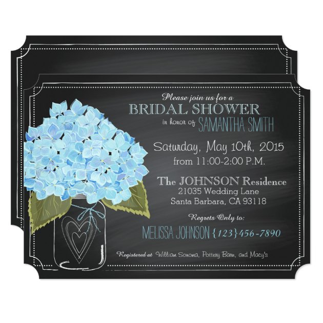 Blue Hydrangea Jar Chalkboard Bridal Shower Invitation