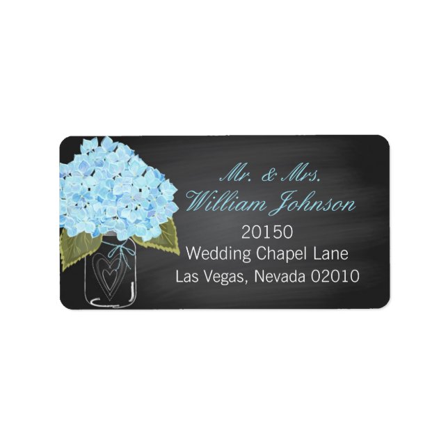 Blue Hydrangea Jar Chalkboard Wedding Label (Front)