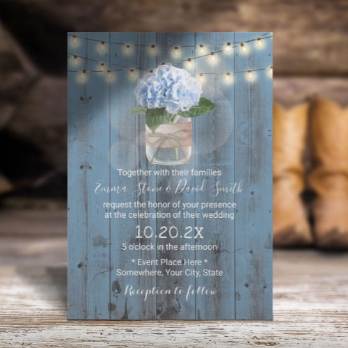 Blue Hydrangea Jar Dusty Blue Barn Wood Wedding Invitation