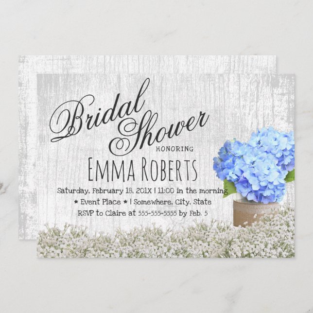 Blue Hydrangea Jar Rustic Floral Bridal Shower Invitation (Front/Back)