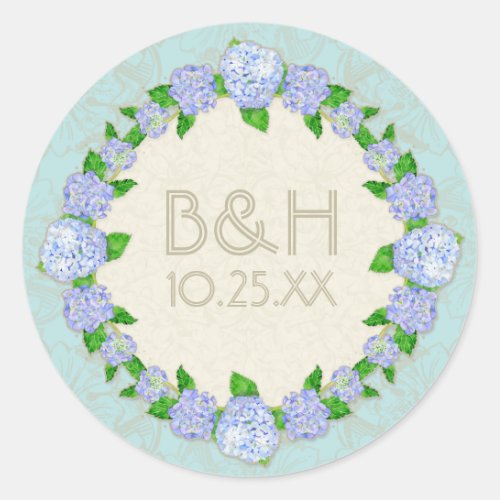 Blue Hydrangea Lace Floral Formal Elegant Weddings Classic Round Sticker
