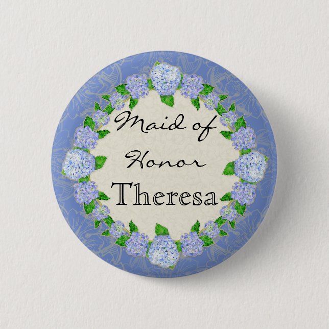 Blue Hydrangea Lace Floral Formal Maid of Honor Pinback Button (Front)