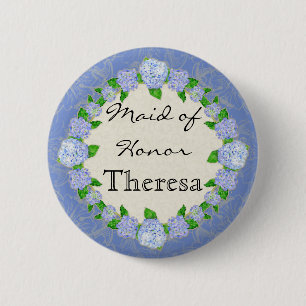 Blue Hydrangea Lace Floral Formal Maid of Honor Pinback Button