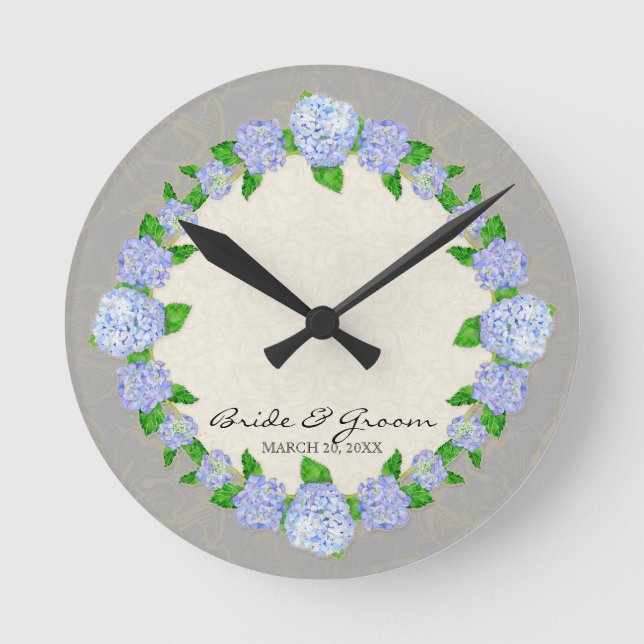 Blue Hydrangea Lace Floral Formal Wedding Gift Round Clock (Front)