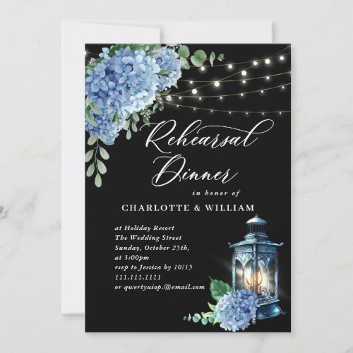 Blue Hydrangea Lantern Black Back Rehearsal Dinner Invitation