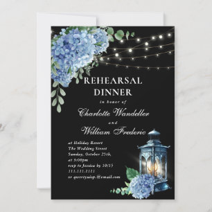 Blue Hydrangea Lantern Black Back Rehearsal Dinner Invitation