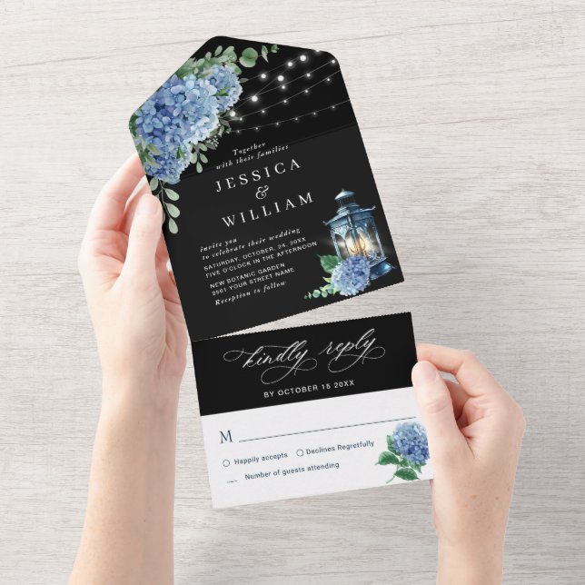 Blue Hydrangea Lantern Black Background Wedding All In One Invitation (Tearaway)