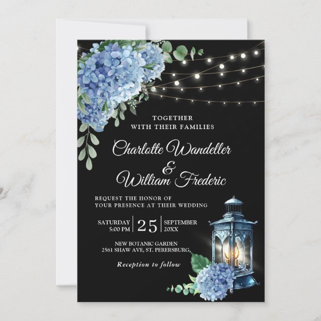 Blue Hydrangea Lantern Black Background Wedding Invitation (Front)