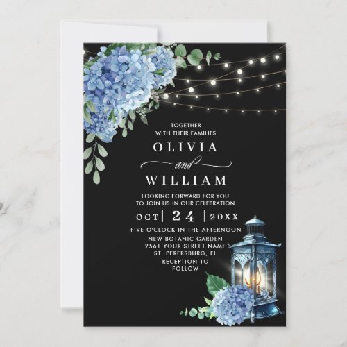 Blue Hydrangea Lantern Black Background Wedding Invitation