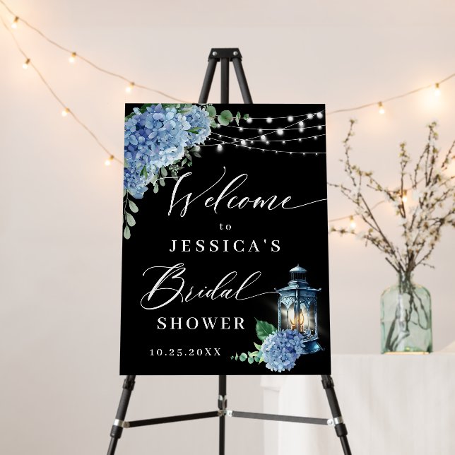 Blue Hydrangea Lantern Black Boho Bridal Shower Foam Board (In Situ (Stand))