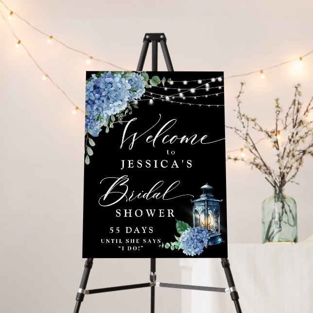 Blue Hydrangea Lantern Black Boho Bridal Shower Foam Board (In Situ (Stand))
