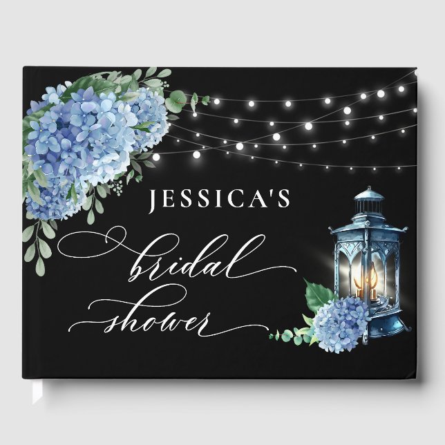 Blue Hydrangea Lantern Black Boho Bridal Shower Guest Book (Front)