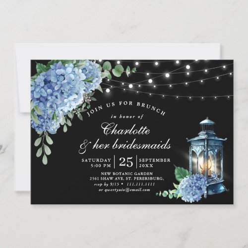 Blue Hydrangea Lantern Black Boho Bridal Shower Invitation