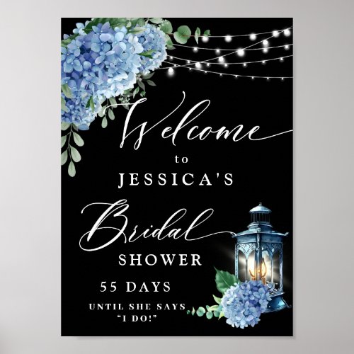 Blue Hydrangea Lantern Black Boho Bridal Shower Poster