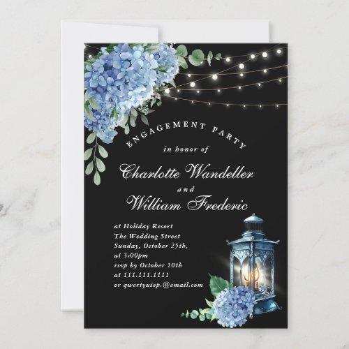 Blue Hydrangea Lantern Black Boho Engagement Party Invitation