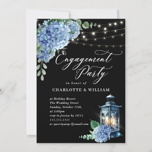 Blue Hydrangea Lantern Black Boho Engagement Party Invitation