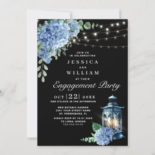 Blue Hydrangea Lantern Black Boho Engagement Party Invitation