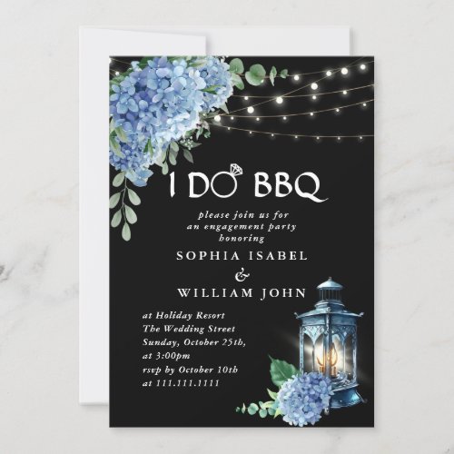 Blue Hydrangea Lantern Black Boho Engagement Party Invitation