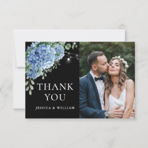 Blue Hydrangea Lantern Black Boho Photo Wedding Thank You Card