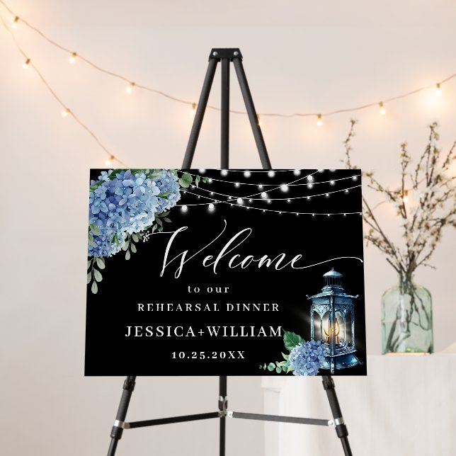 Blue Hydrangea Lantern Black Boho Rehearsal Dinner Foam Board (In Situ (Stand))