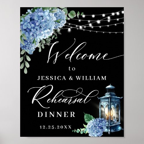 Blue Hydrangea Lantern Black Boho Rehearsal Dinner Poster