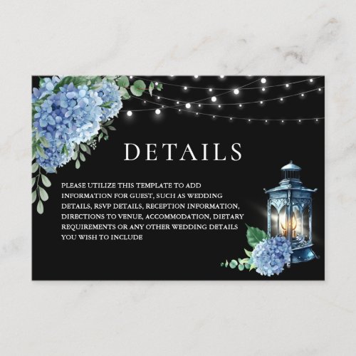 Blue Hydrangea Lantern Black Boho Wedding Details  Enclosure Card