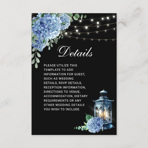 Blue Hydrangea Lantern Black Boho Wedding Details Enclosure Card