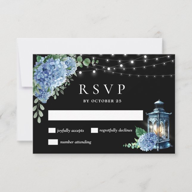 Blue Hydrangea Lantern Black Boho Wedding RSVP Card (Front)