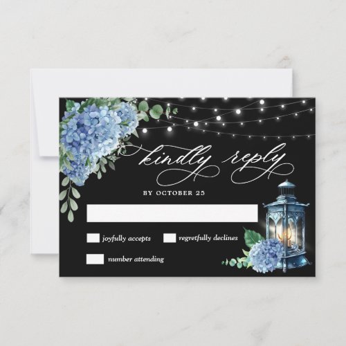 Blue Hydrangea Lantern Black Boho Wedding RSVP Card