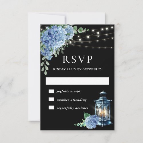 Blue Hydrangea Lantern Black Boho Wedding RSVP Card