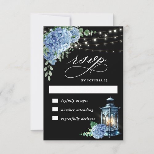 Blue Hydrangea Lantern Black Boho Wedding RSVP Card