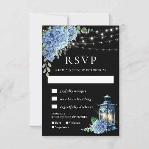 Blue Hydrangea Lantern Black Boho Wedding RSVP Card