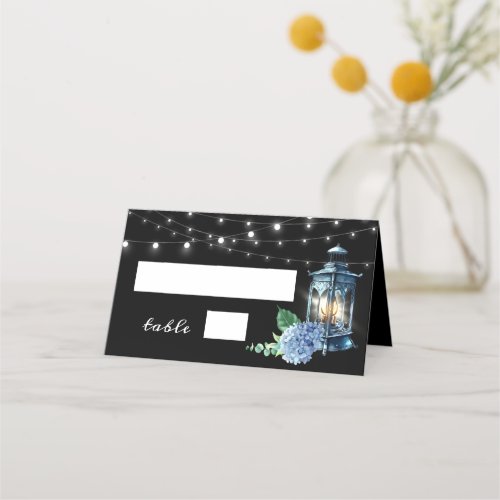 Blue Hydrangea Lantern Black Boho Wedding Table Place Card