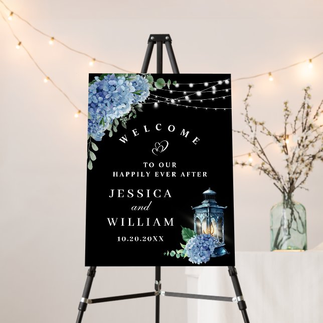 Blue Hydrangea Lantern Black Boho Welcome Wedding Foam Board (In Situ (Stand))