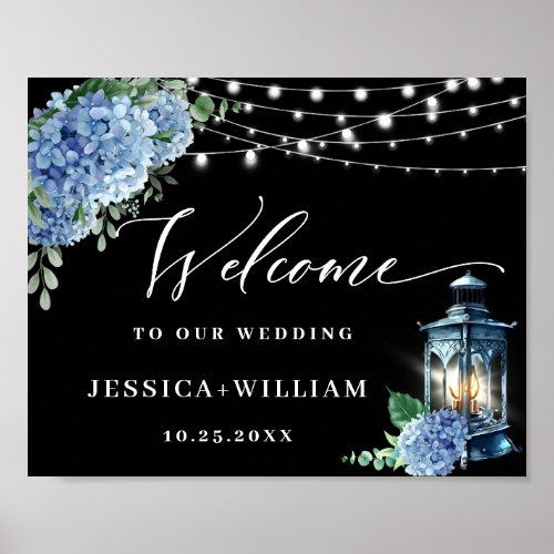 Blue Hydrangea Lantern Black Boho Welcome Wedding Poster