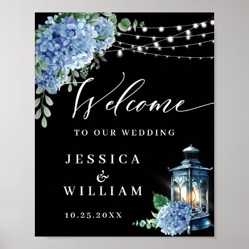 Blue Hydrangea Lantern Black Boho Welcome Wedding Poster