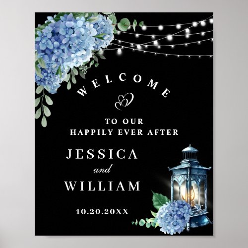 Blue Hydrangea Lantern Black Boho Welcome Wedding Poster