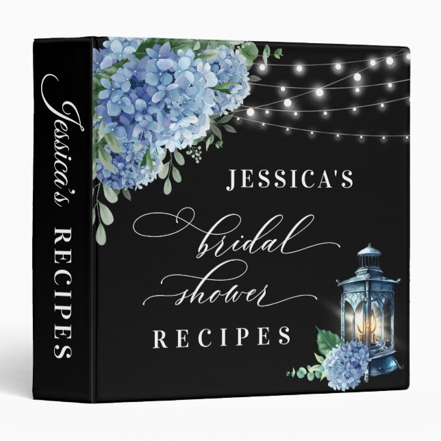 Blue Hydrangea Lantern Black Bridal Shower Recipe 3 Ring Binder (Front/Spine)