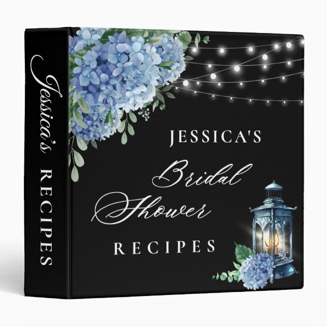 Blue Hydrangea Lantern Black Bridal Shower Recipe 3 Ring Binder (Front/Spine)