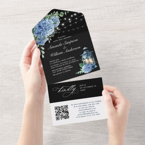 Blue Hydrangea Lantern Black Wedding QR code All In One Invitation