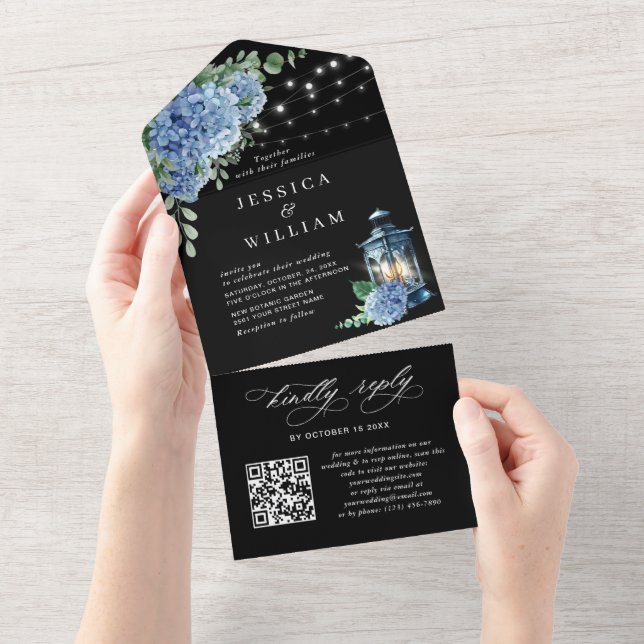 Blue Hydrangea Lantern Black Wedding QR code All In One Invitation (Tearaway)