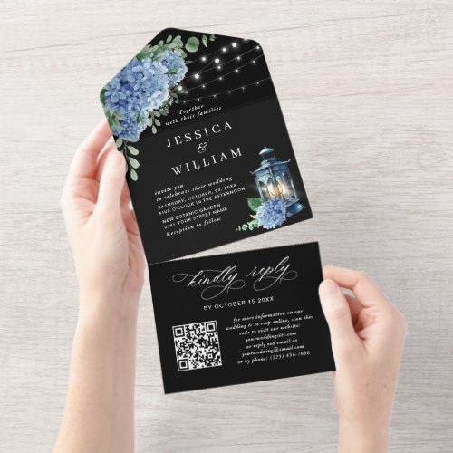 Blue Hydrangea Lantern Black Wedding QR code All In One Invitation