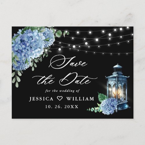 Blue Hydrangea Lantern Black Wedding Save the Date Postcard