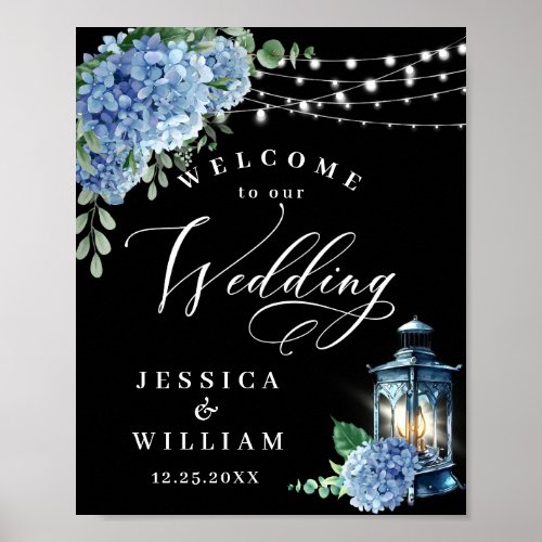 Blue Hydrangea Lantern Black Welcome Wedding Poster