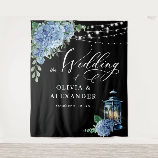 Blue Hydrangea Lantern Boho Photo Wedding Backdrop (Front)