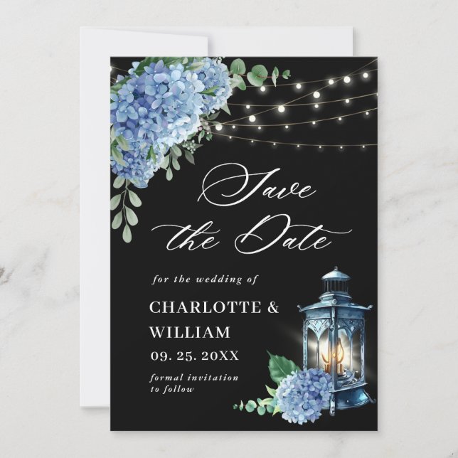 Blue Hydrangea Lantern Navy Black Wedding Save The Date (Front)