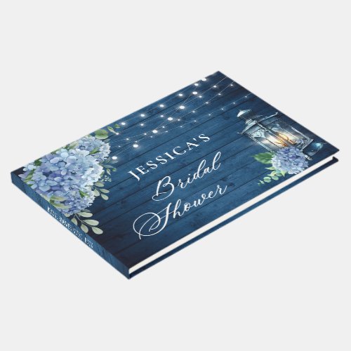 Blue Hydrangea Lantern Navy Wood Bridal Shower Guest Book