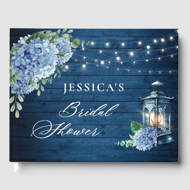 Blue Hydrangea Lantern Navy Wood Bridal Shower Guest Book (Front)